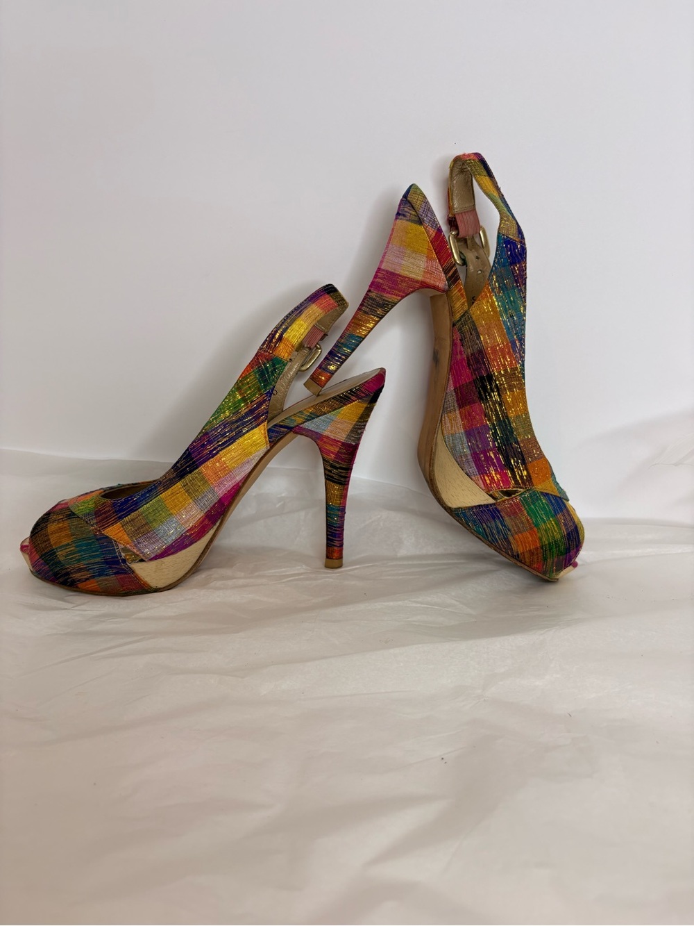 Stuart Weitzman Multicolor Woven Peep-Toe Slingback Heels